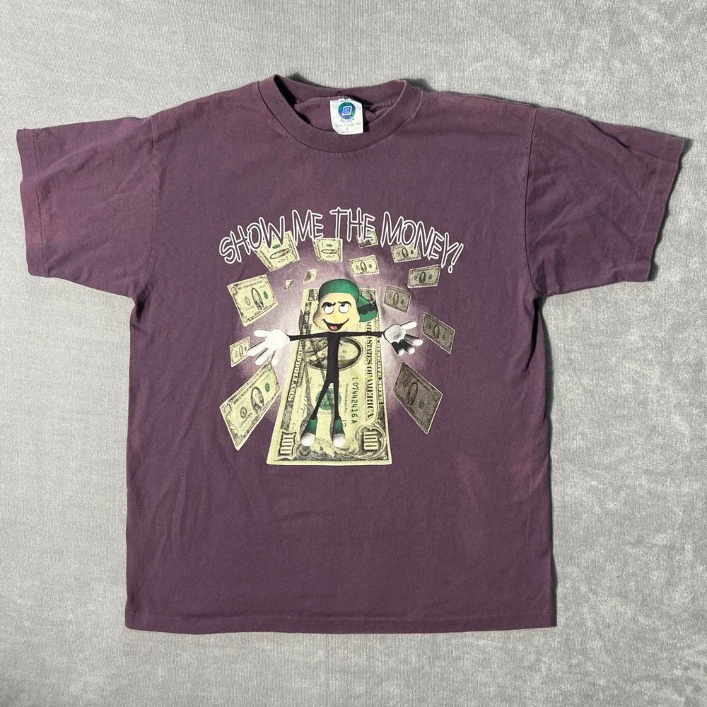 Vintage Belton Show Me The‎ Money Graphic T-Shirt Purple Mens Large Made in USA
